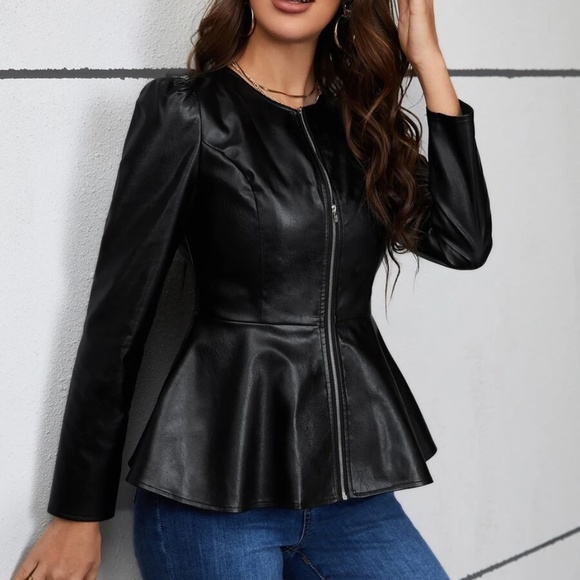 Luxe Vegan Leather Puff Sleeve Zipper Jacket - Picture 3 of 8